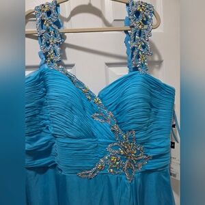 Mac Duggal Turquoise Blue Beaded Empire Waist Evening Gown